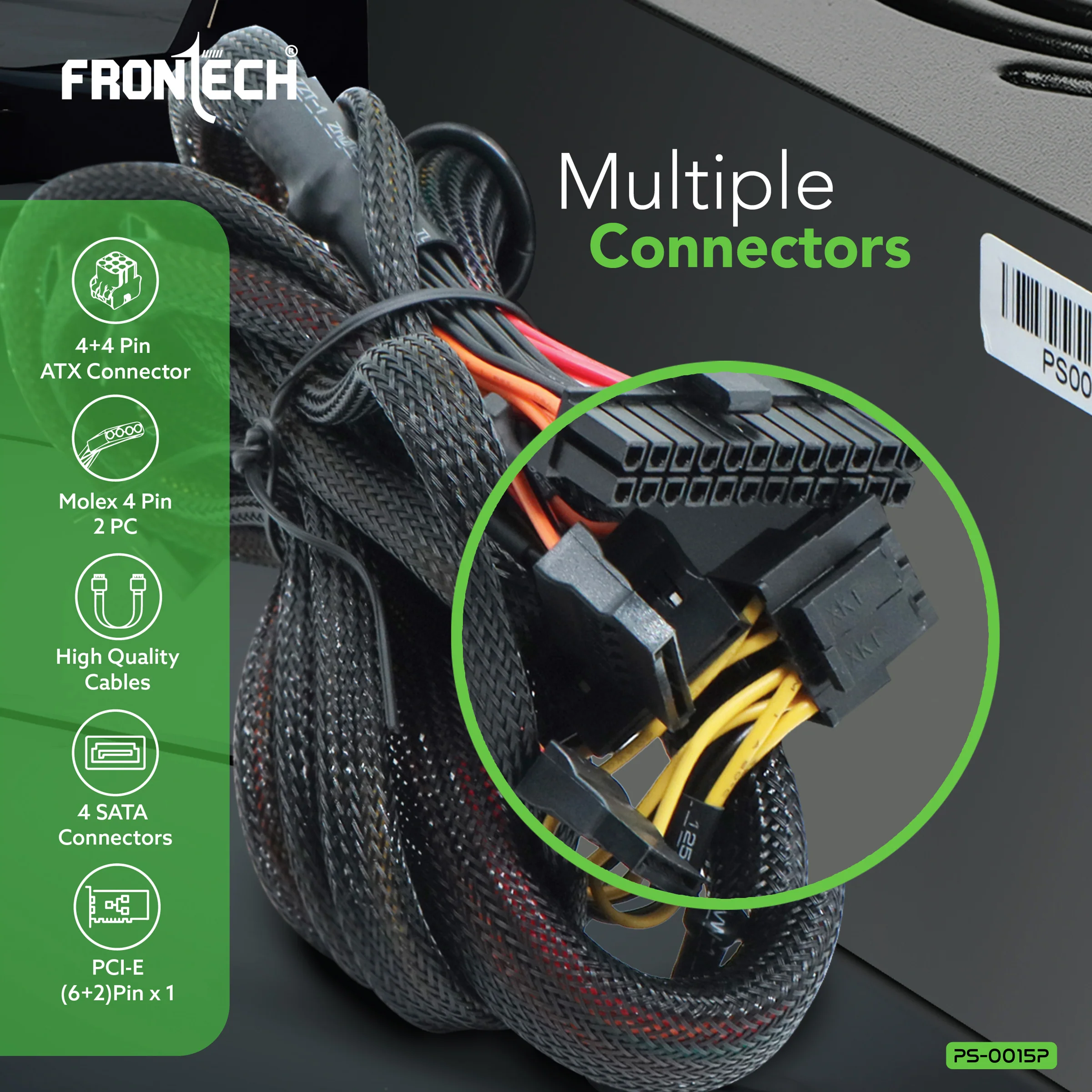 Frontech Ultima 650W Power Supply with 120mm RGB Fan, ATX 12V, DC-DC PFC, 4 SATA, 2 Molex, PCI-E (6+2), Sleeved Cables, OCP/OVP/SCP Protections & 3-Year Warranty (PS-0015P) - Image 5