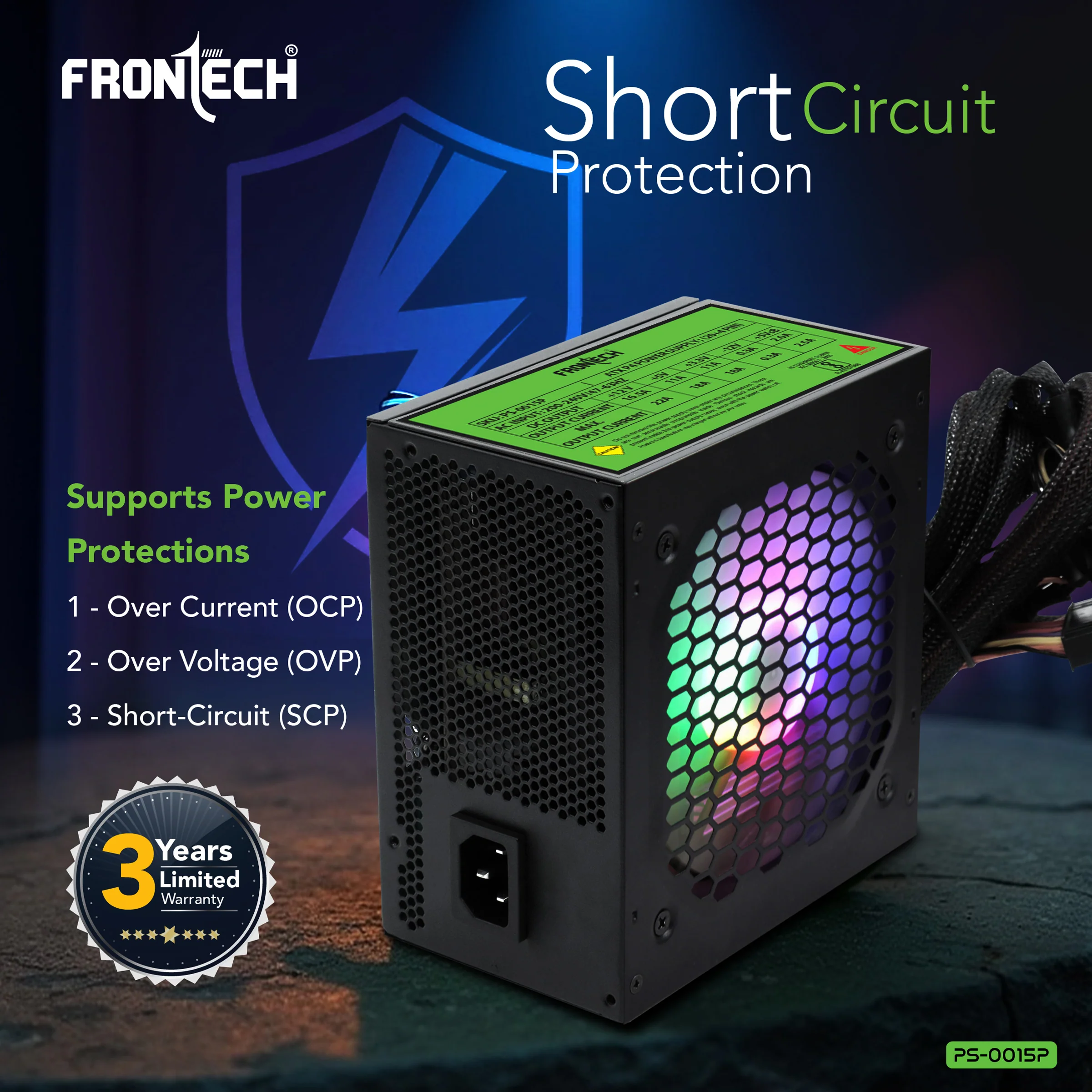Frontech Ultima 650W Power Supply with 120mm RGB Fan, ATX 12V, DC-DC PFC, 4 SATA, 2 Molex, PCI-E (6+2), Sleeved Cables, OCP/OVP/SCP Protections & 3-Year Warranty (PS-0015P) - Image 6