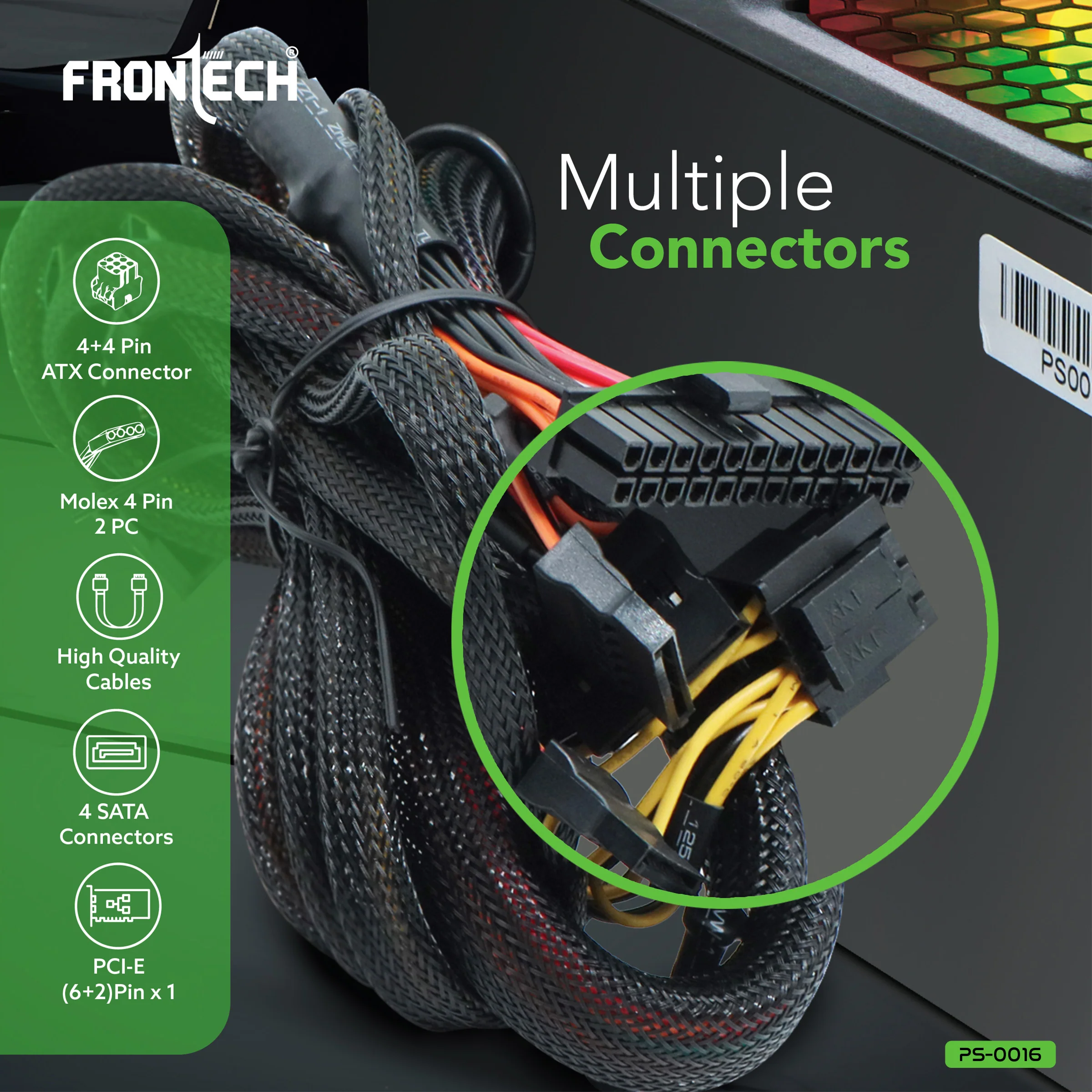 Frontech Ultima 750W Power Supply | ATX 12V SMPS | 120mm RGB Fan | Sleeved Cables | 20+4 ATX, 4+4 CPU, 6+2 PCI-E, 4 SATA & 2 Molex | OCP/OVP/SCP Protection | 3-Year Warranty (PS-0016) - Image 5
