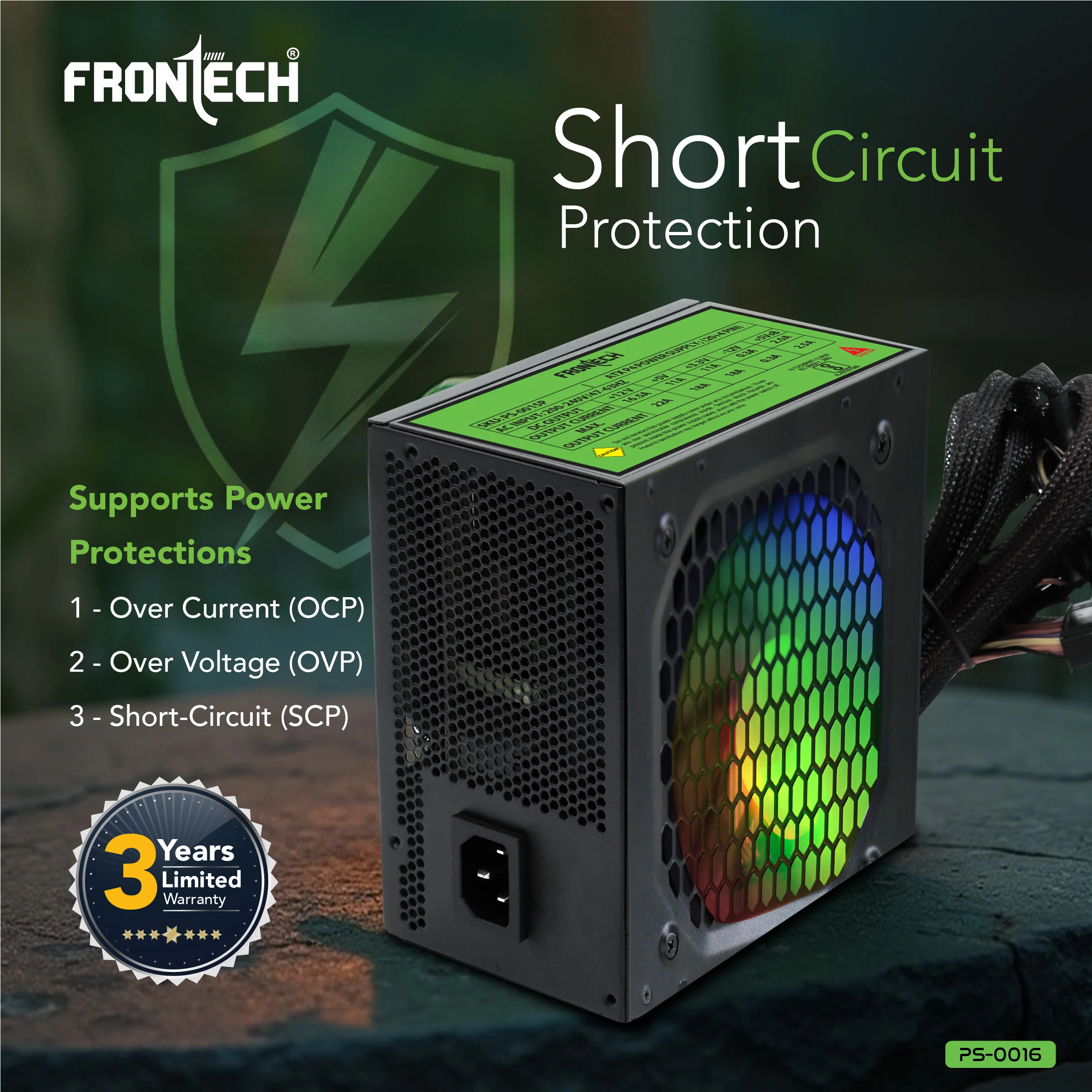 Frontech Ultima 750W Power Supply | ATX 12V SMPS | 120mm RGB Fan | Sleeved Cables | 20+4 ATX, 4+4 CPU, 6+2 PCI-E, 4 SATA & 2 Molex | OCP/OVP/SCP Protection | 3-Year Warranty (PS-0016) - Image 6