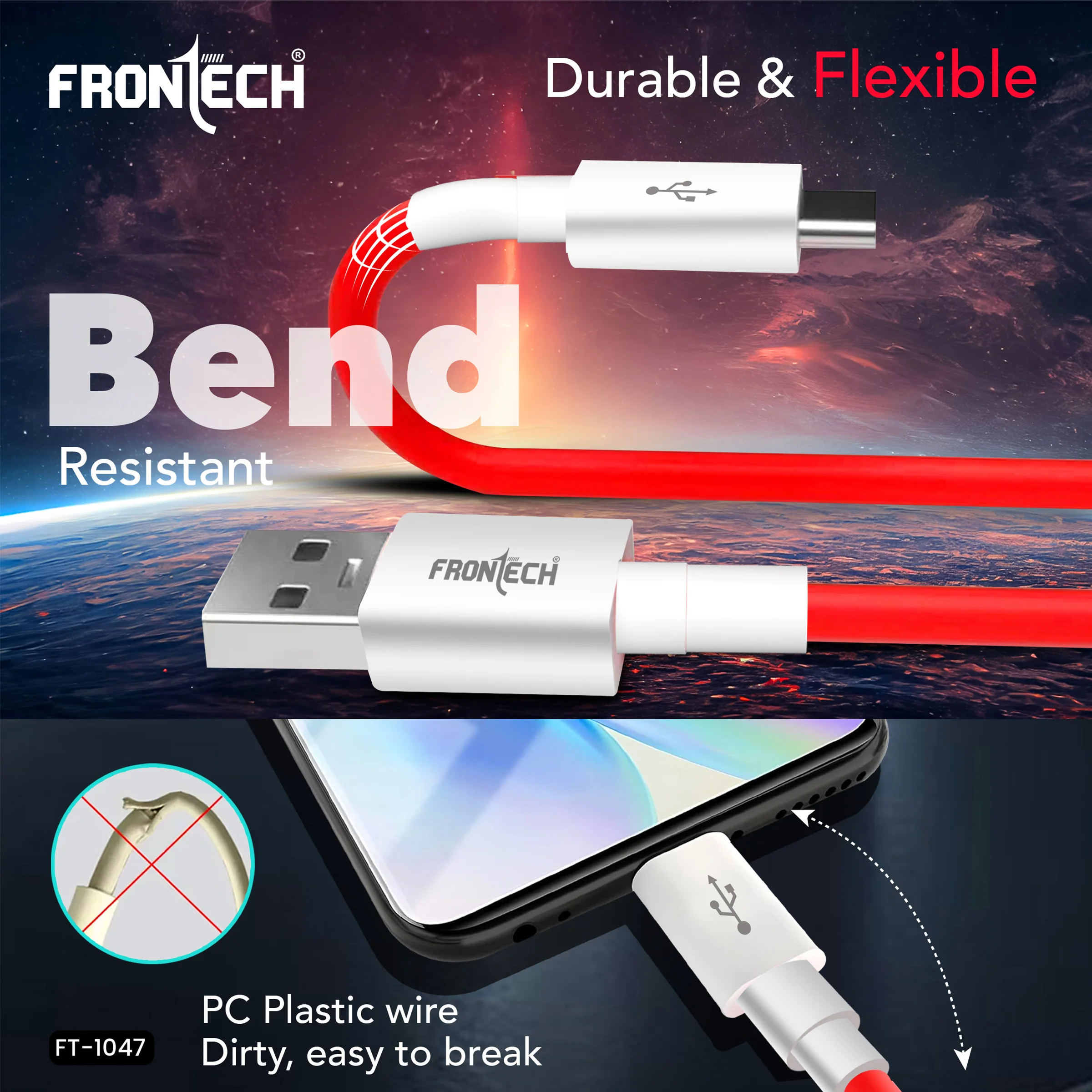 Frontech USB Type-C Fast Charging Cable | 100W Power Delivery | 1M Durable & Bend-Resistant | SuperSpeed Data Transfer | Red & White (FT-1047) - Image 3