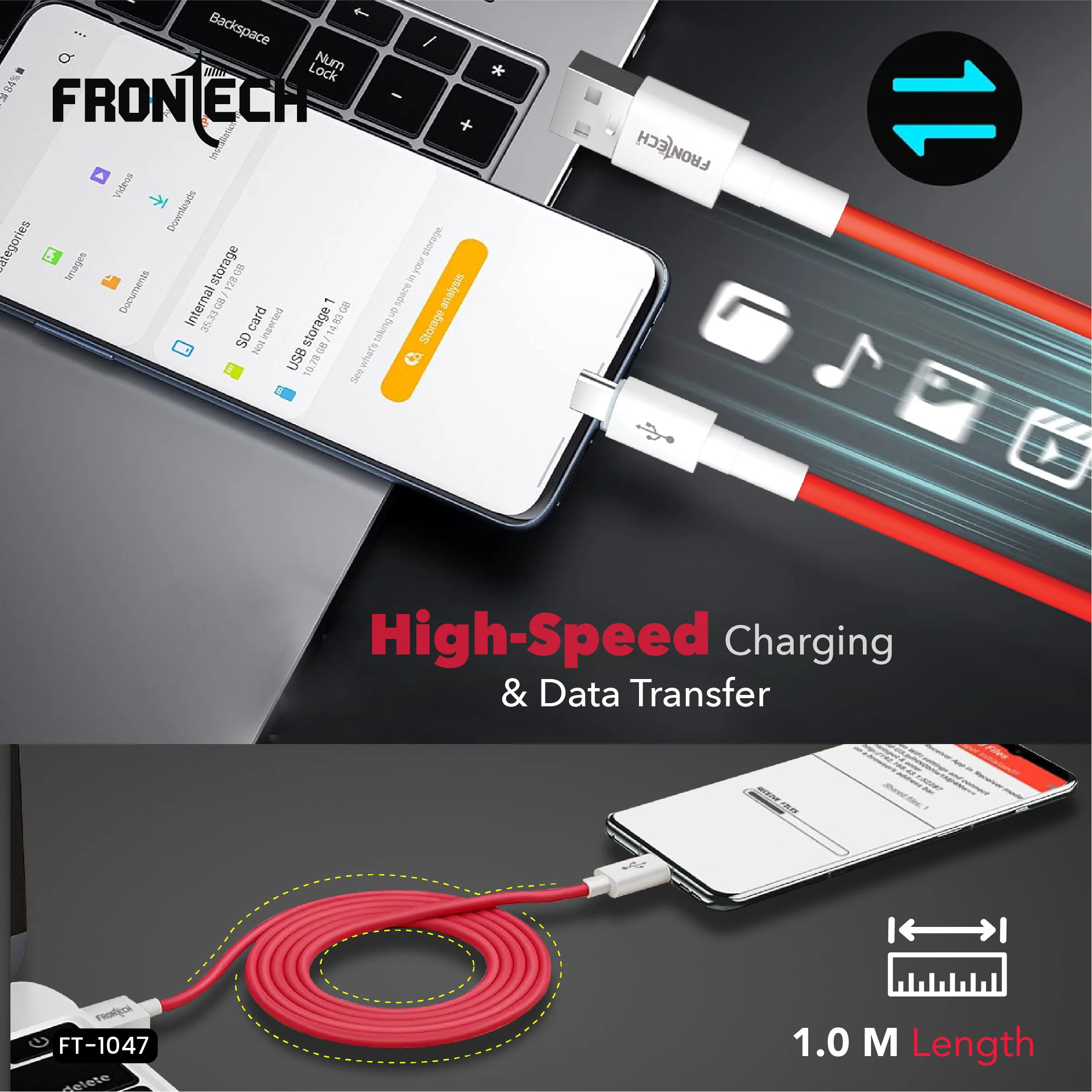 Frontech USB Type-C Fast Charging Cable | 100W Power Delivery | 1M Durable & Bend-Resistant | SuperSpeed Data Transfer | Red & White (FT-1047) - Image 6