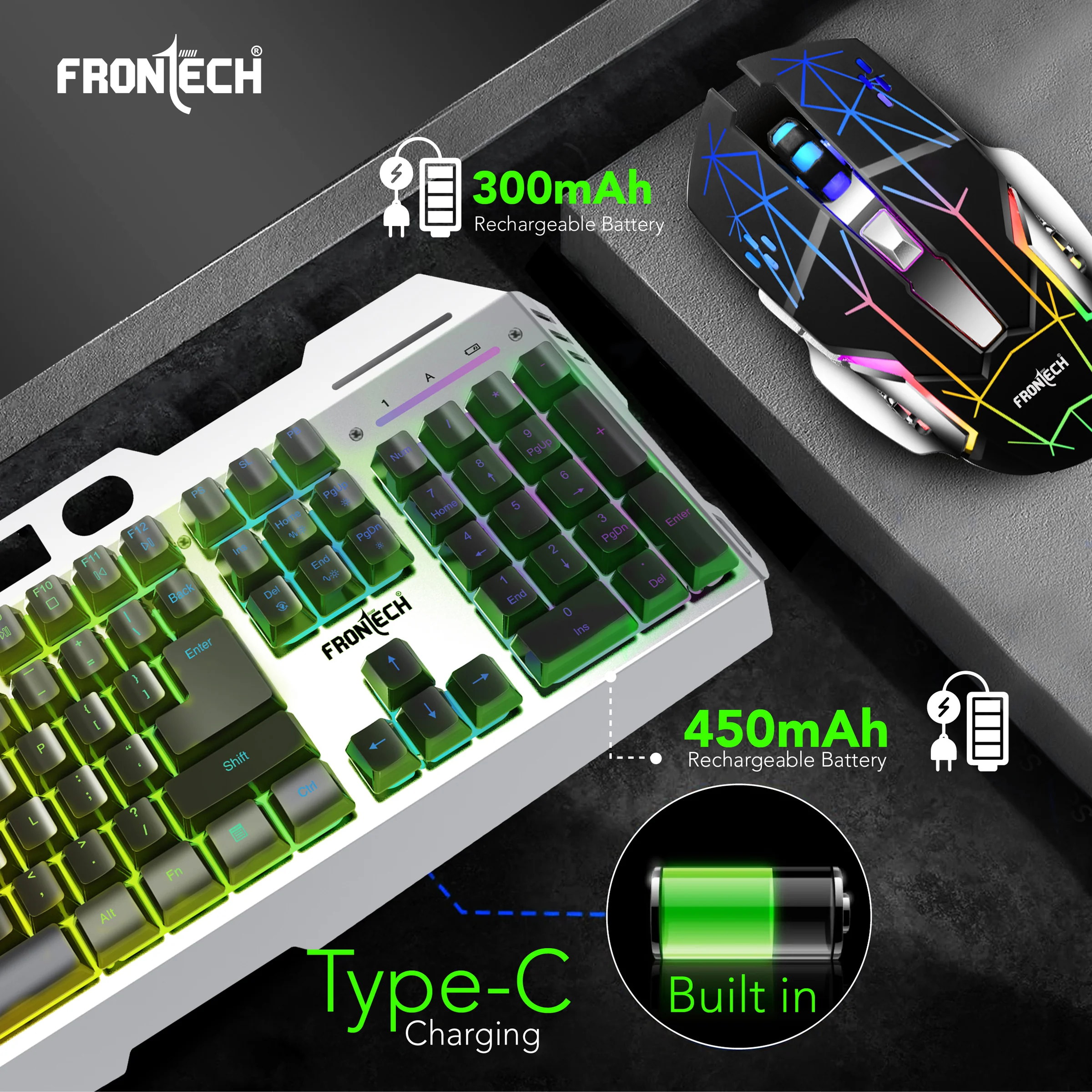 Frontech Wireless Gaming Keyboard & Mouse Combo|104 Keys Layout|2.4GHz|4800 DPI|6 button wireless optical mouse| Rechargeable Battery|1 Year Warranty - Image 8