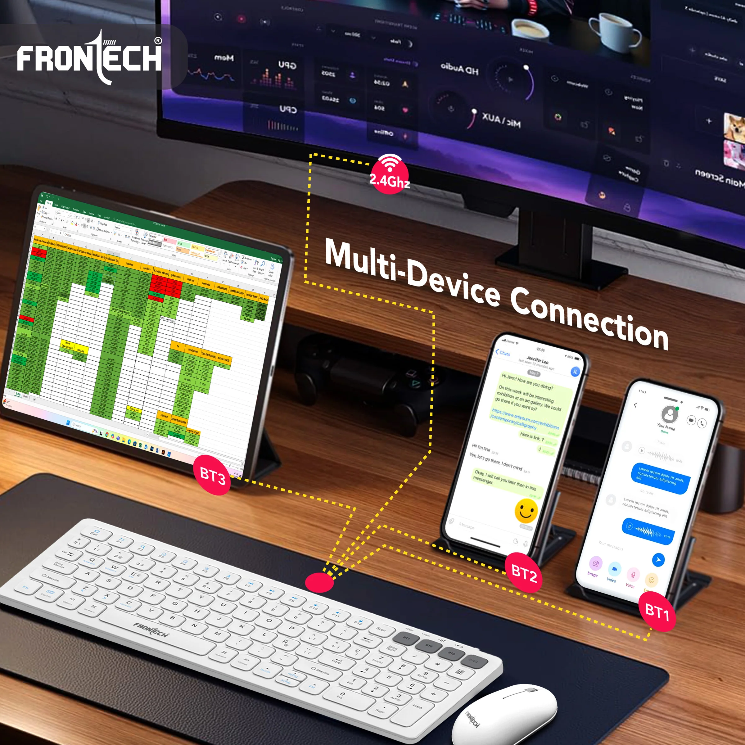 Frontech Wireless Keyboard & Mouse Combo|100 Keys Layout|2.4GHz|1000 DPI| 500mAh Rechargeable Battery|3 button wireless mouse|Ergonomic Design|1 Year Warranty - Image 3