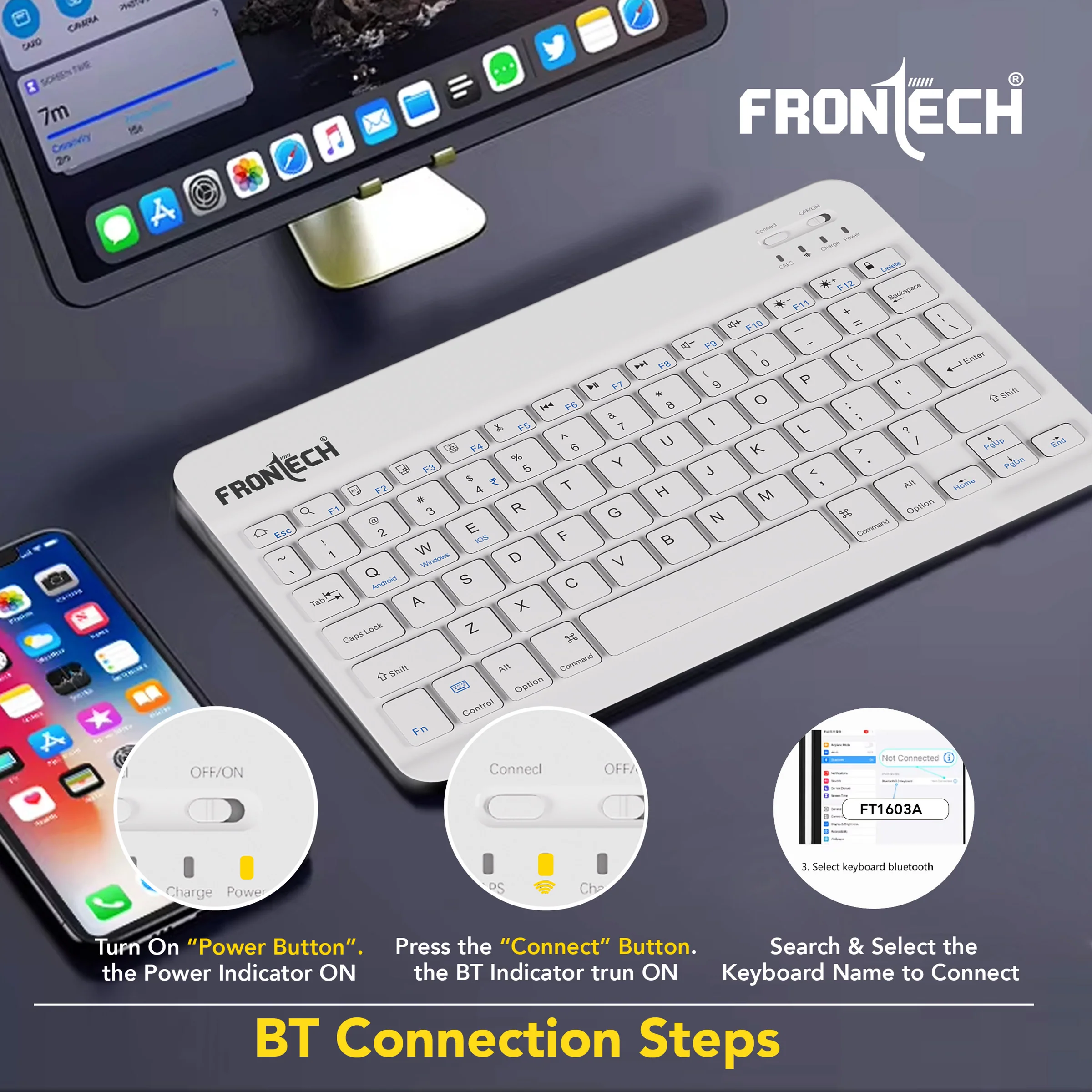 Frontech Wireless Mini Bluetooth Keyboard|78 Standard Keys|120 mAh Rechargeable Battery|1 year warranty - Image 5
