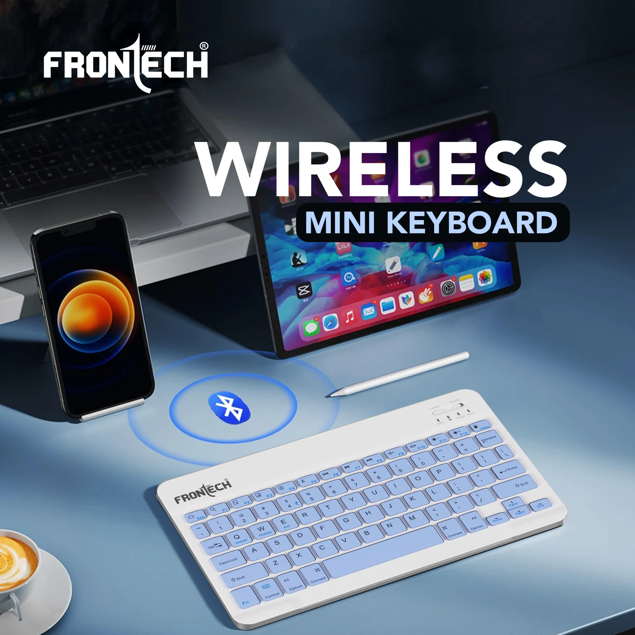 Frontech Wireless Mini Keyboard | BT Multi-Device | 78 Keys with Functional Hot Keys | Silent Scissor Switch | 120mAh Rechargeable battery | Android, Windows & iOS | 1 Year Warranty (FT-1603ABLU) - Image 2
