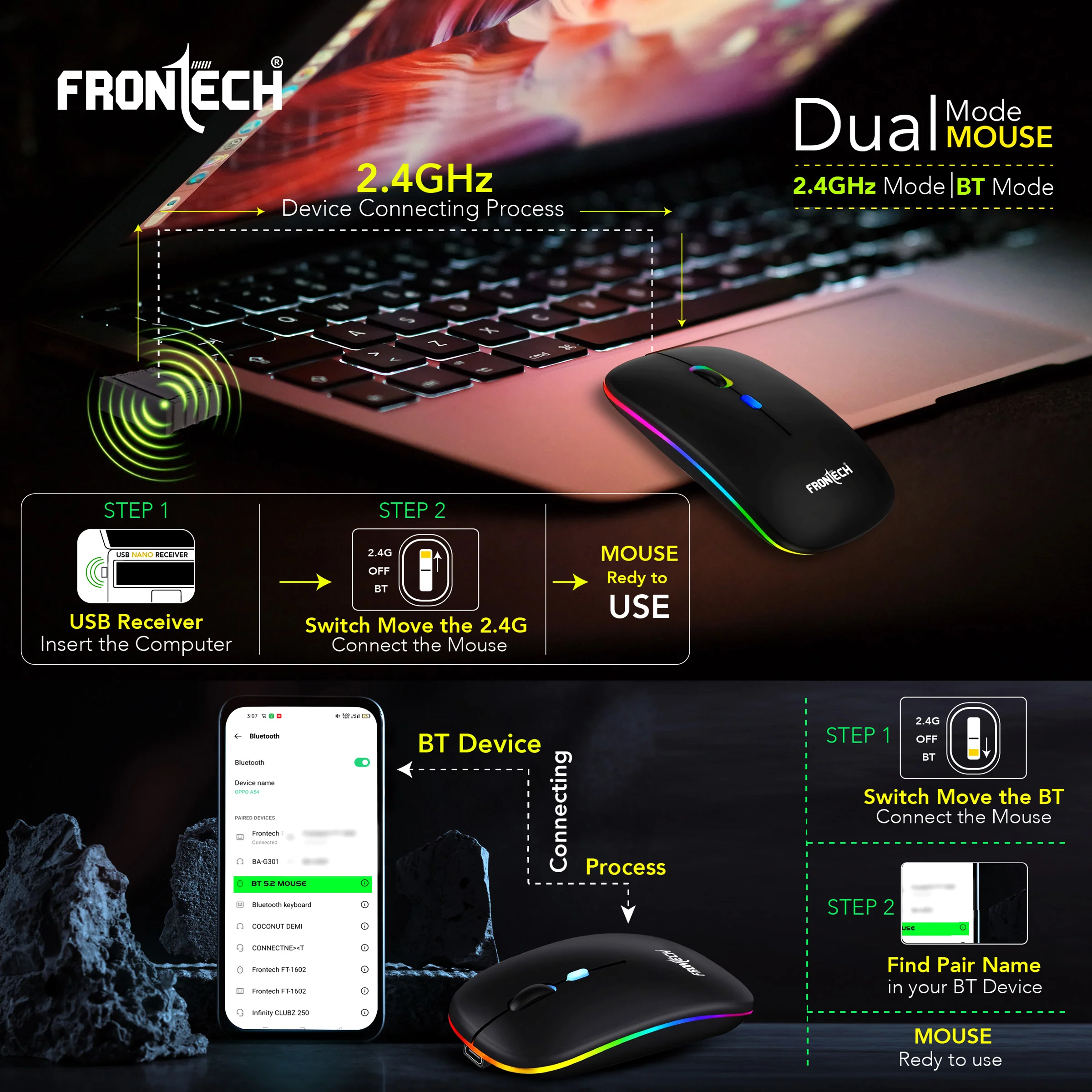 Frontech Wireless Bluetooth RGB Mouse|2.4Ghz|1600 DPI|400mAh Rechargeable Battery|4 Button Mouse|Ergonomic Design|1 Year Warranty - Image 3