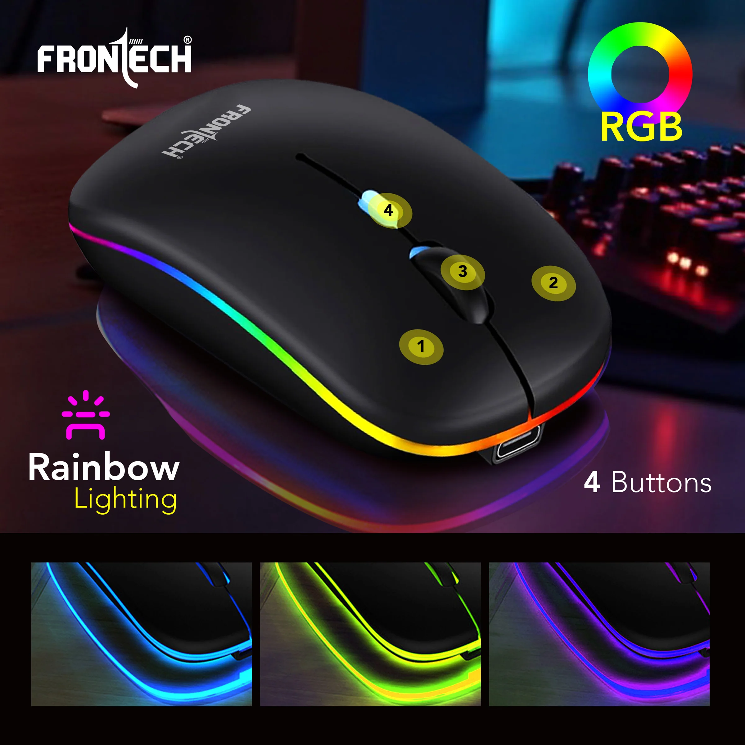 Frontech Wireless Bluetooth RGB Mouse|2.4Ghz|1600 DPI|400mAh Rechargeable Battery|4 Button Mouse|Ergonomic Design|1 Year Warranty - Image 5