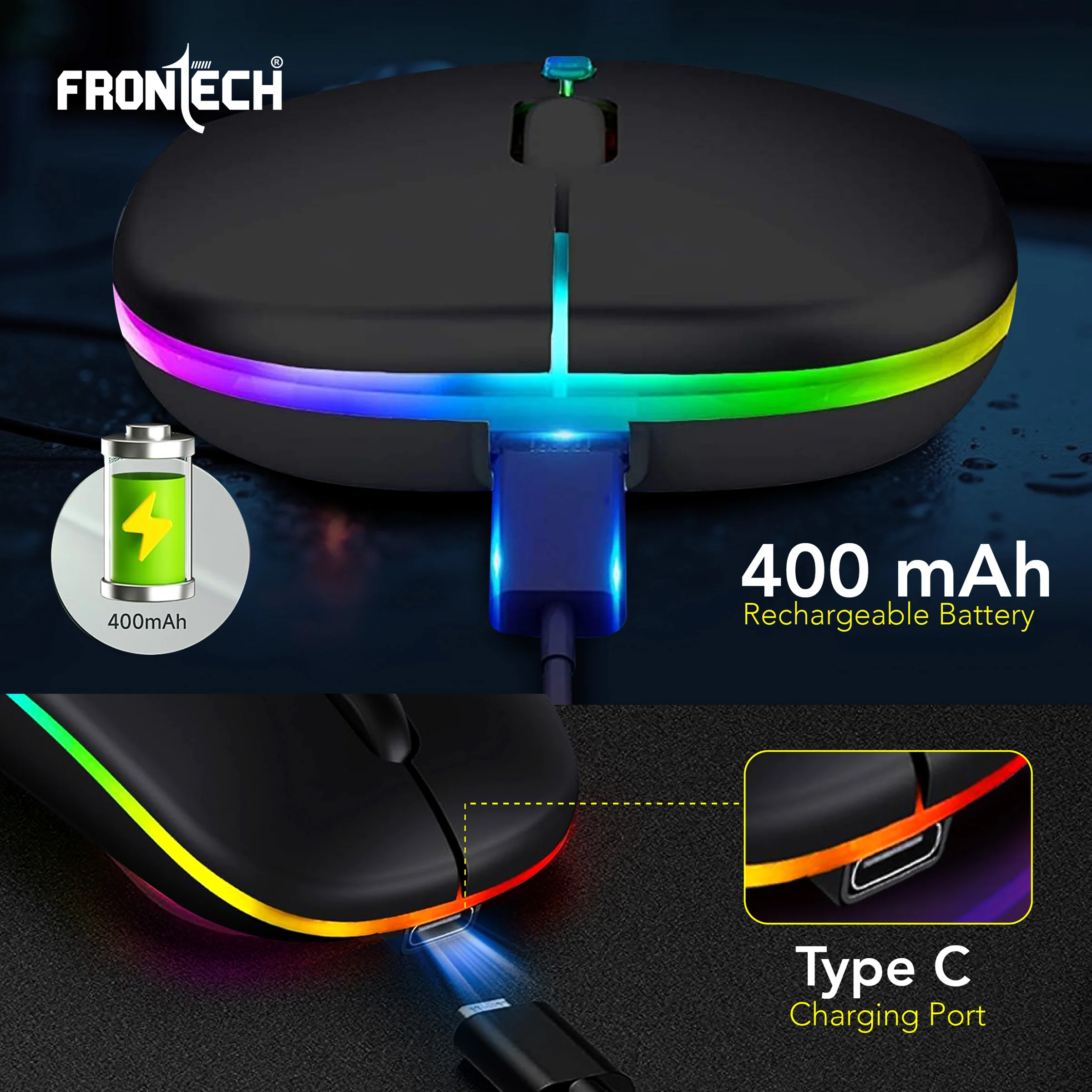 Frontech Wireless Bluetooth RGB Mouse|2.4Ghz|1600 DPI|400mAh Rechargeable Battery|4 Button Mouse|Ergonomic Design|1 Year Warranty - Image 7
