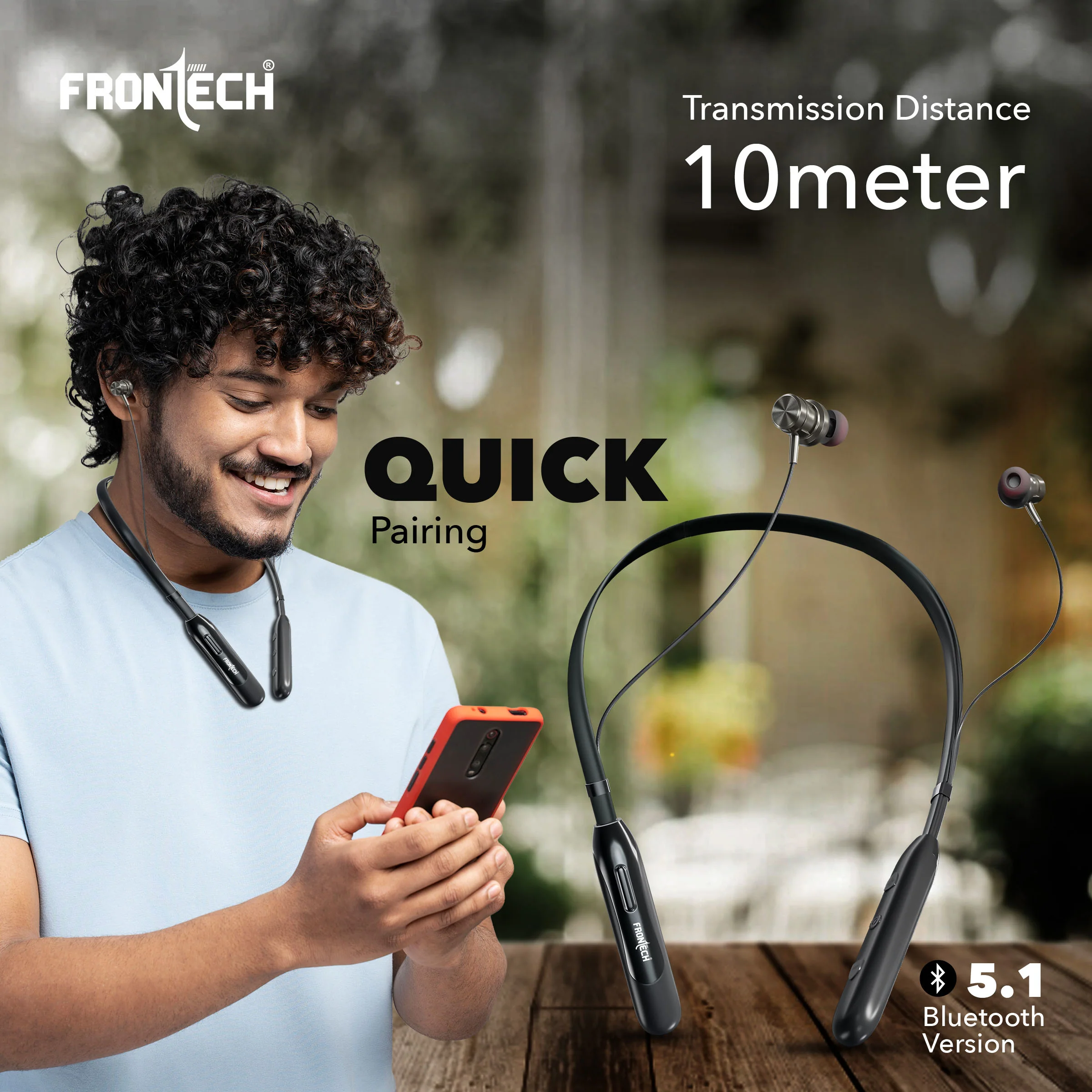 Frontech Wireless Neckband | 25H Playback | Bluetooth 5.1 | 10m Range | Magnetic Earbuds | 1Hr Fast Type-C Charging (EF-0076) - Image 6