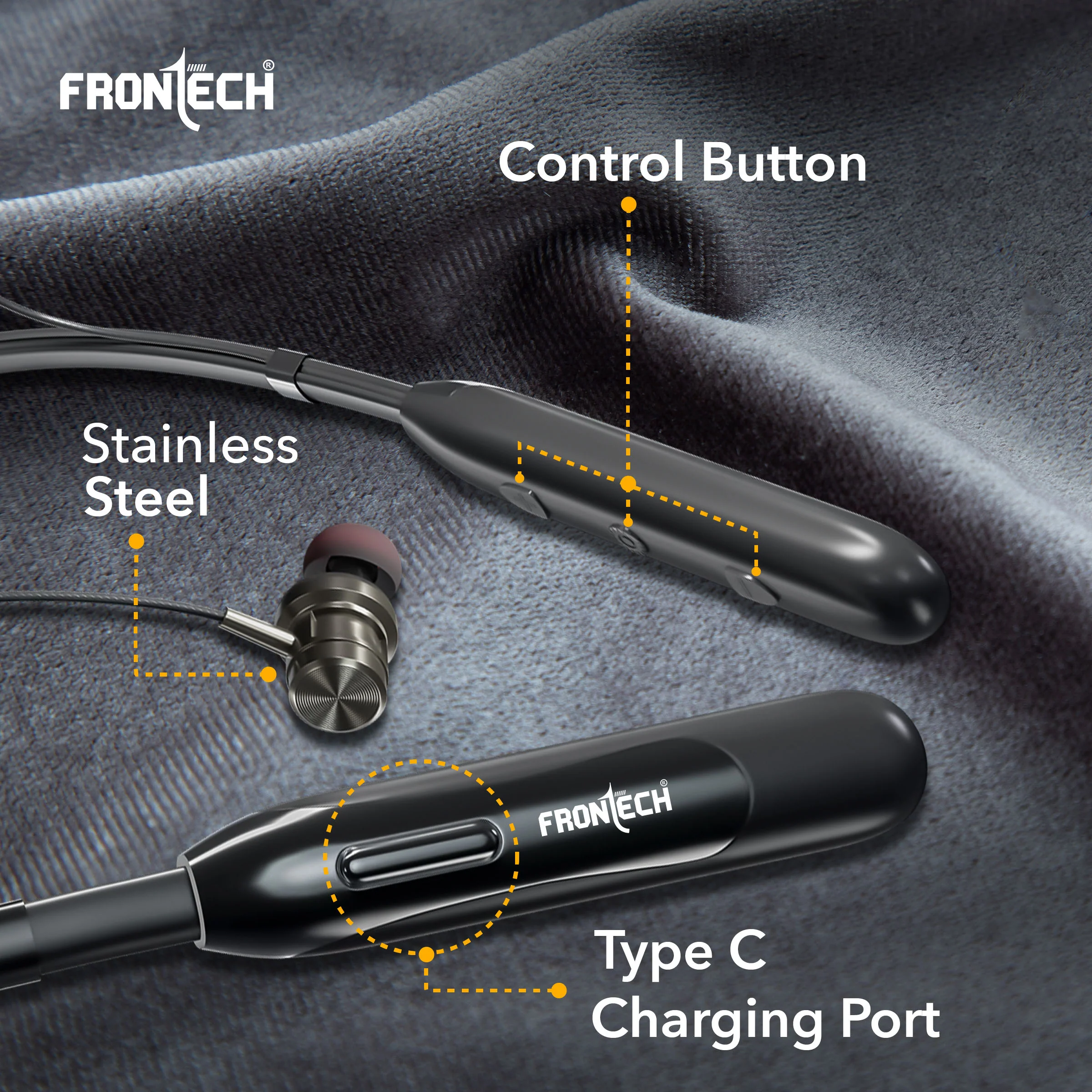 Frontech Wireless Neckband | 25H Playback | Bluetooth 5.1 | 10m Range | Magnetic Earbuds | 1Hr Fast Type-C Charging (EF-0076) - Image 7