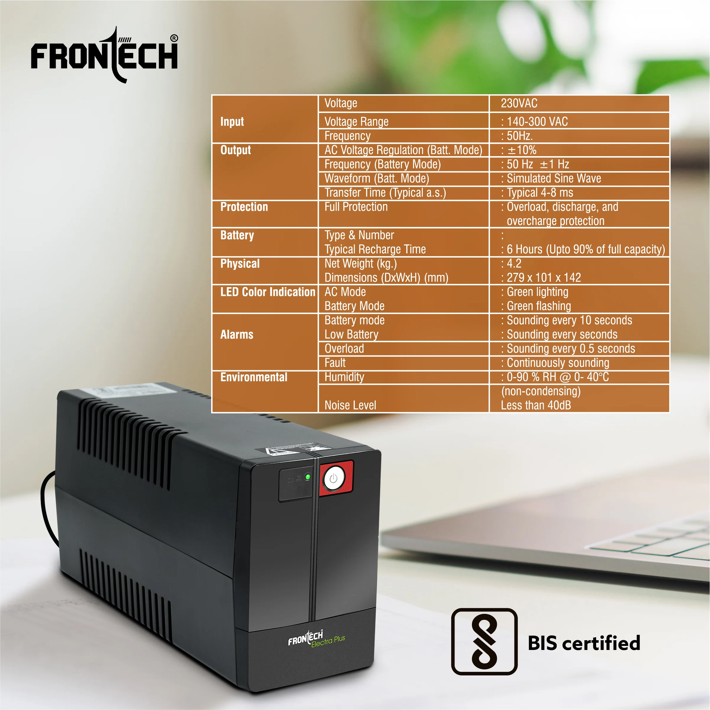 Frontech Electra Plus UPS – 230V Static Converter | Simulated Sine Wave | 140–300V Wide Input Range | 4–8ms Fast Transfer | 3 Device Support | Overload & Battery Protection | LED AC/Battery Indicator | Generator Compatible | 2564 - Image 6