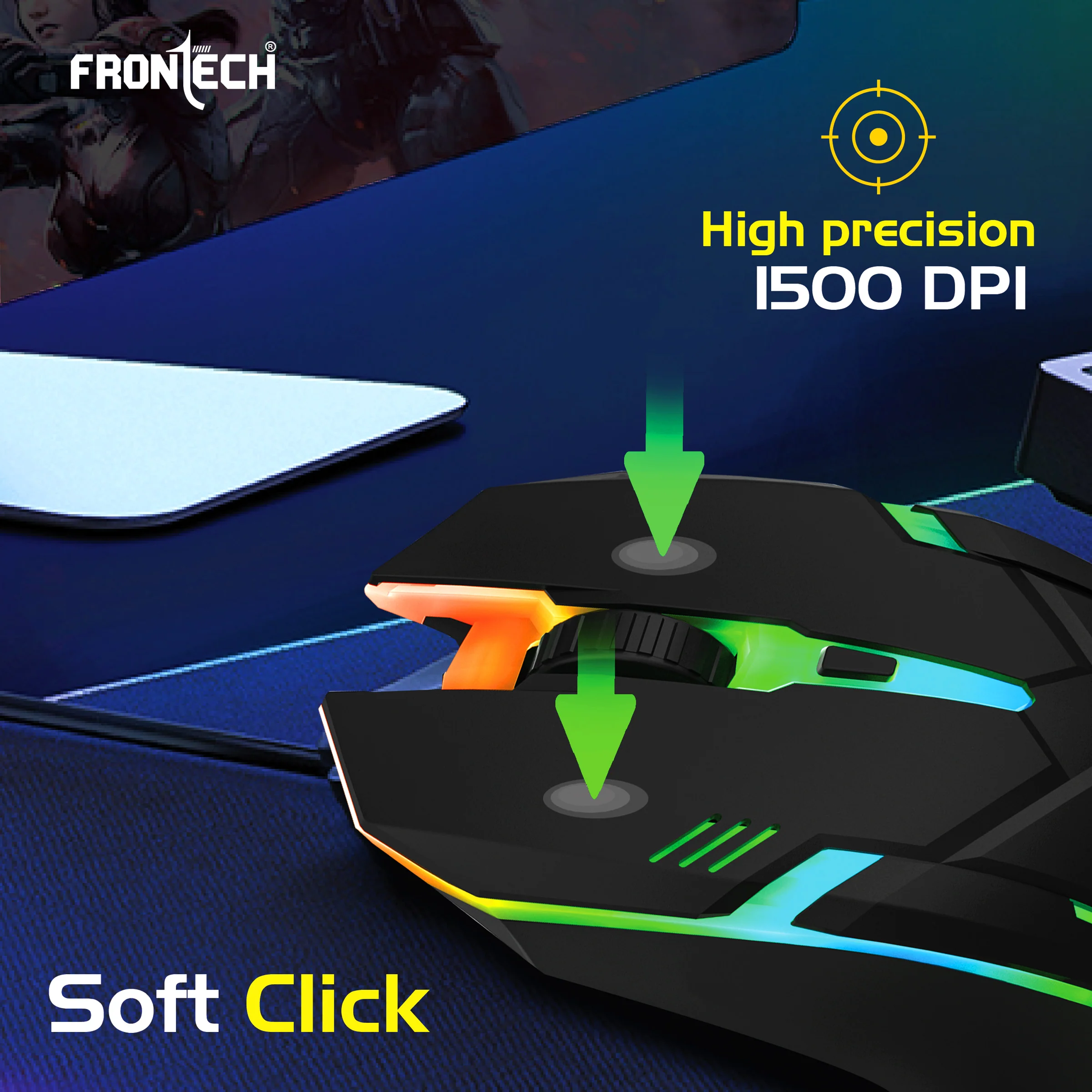 Frontech Wired RGB Optical Mouse|USB Plug & Play|1.4m Braided Cable|1500 DPI|3 Button Mouse| Ergonomic Design|1 Year Warranty - Image 5